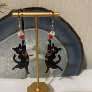 Black Cat Wine Dangle Earrings with Red Wine